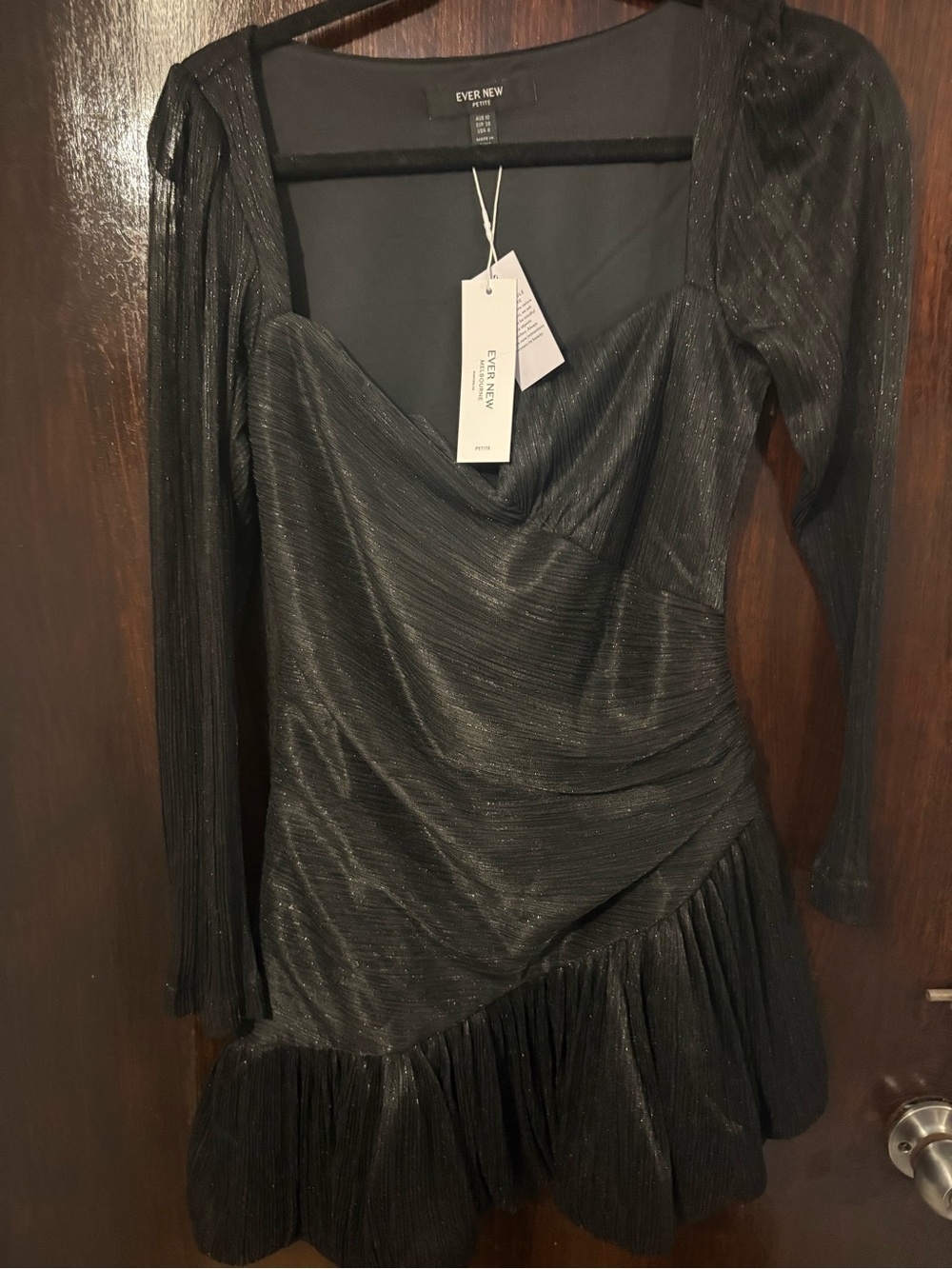 NWT Ever New Black Long Sleeve Shimmer Ruffle Hem Dress. Size 6.